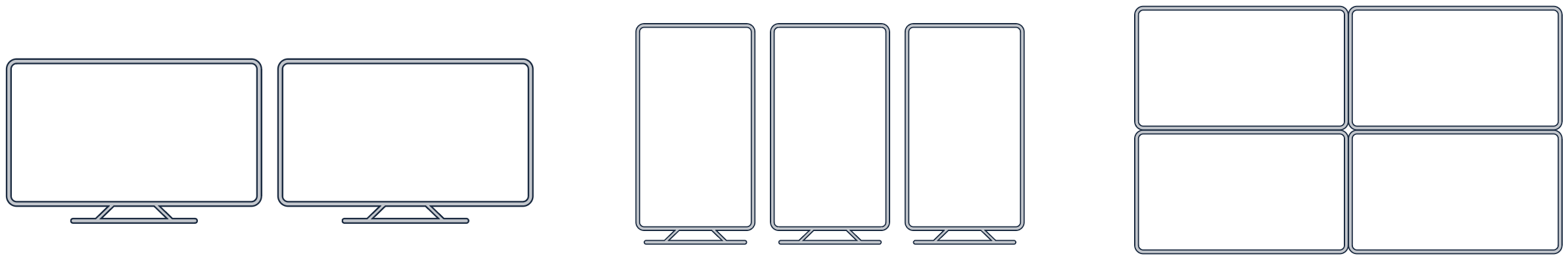 Display formats: twin landscape screens, portrait totems, and a video wall